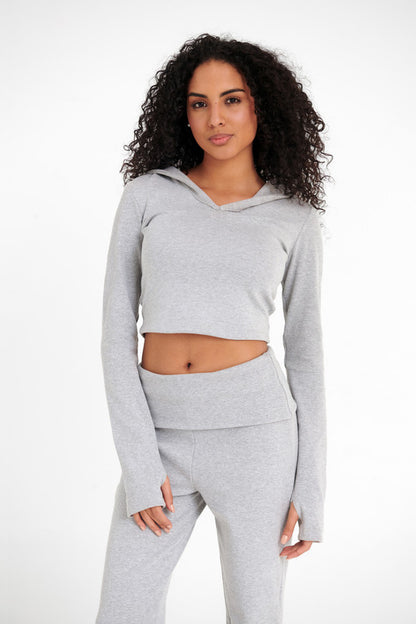 Cotton Ribbed Cropped Hoodie - Silver