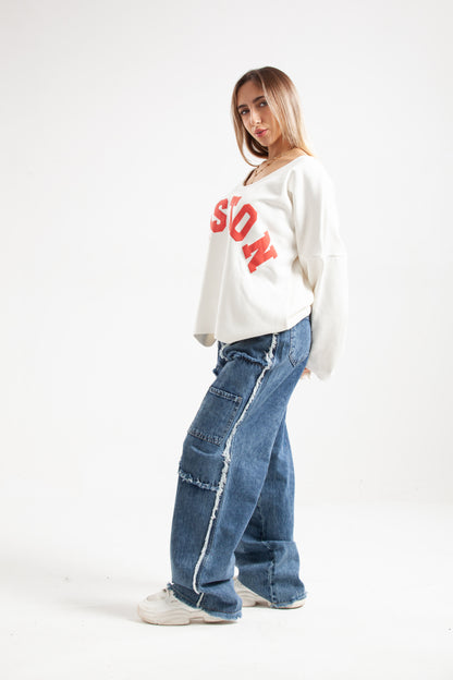 Melton Cotton 3D Print Sweatshirt – White