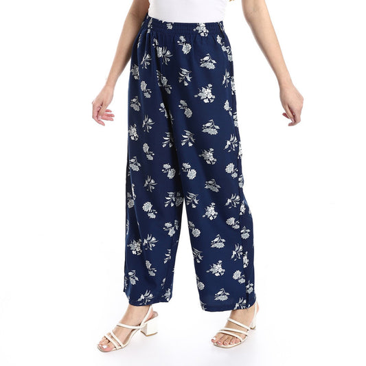Cotton-Lycra Floral Wide-Leg Pants - Navy & Grey