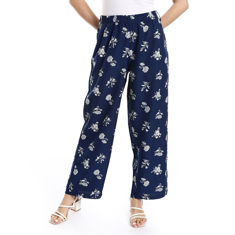 Cotton-Lycra Floral Wide-Leg Pants - Navy & Grey