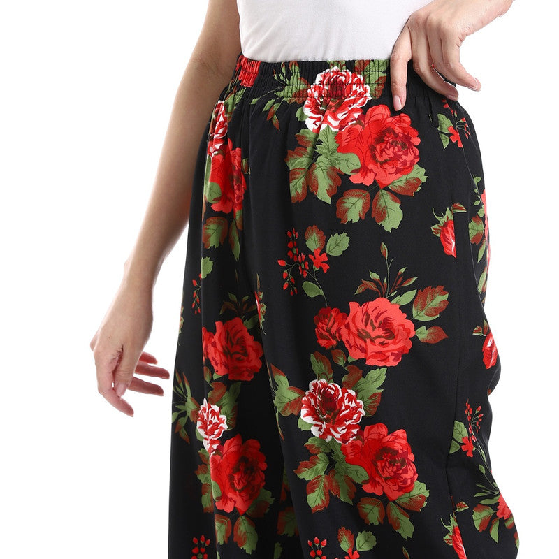 Cotton-Lycra Floral Wide-Leg Pants - Black & Red