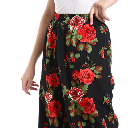 Cotton-Lycra Floral Wide-Leg Pants - Black & Red