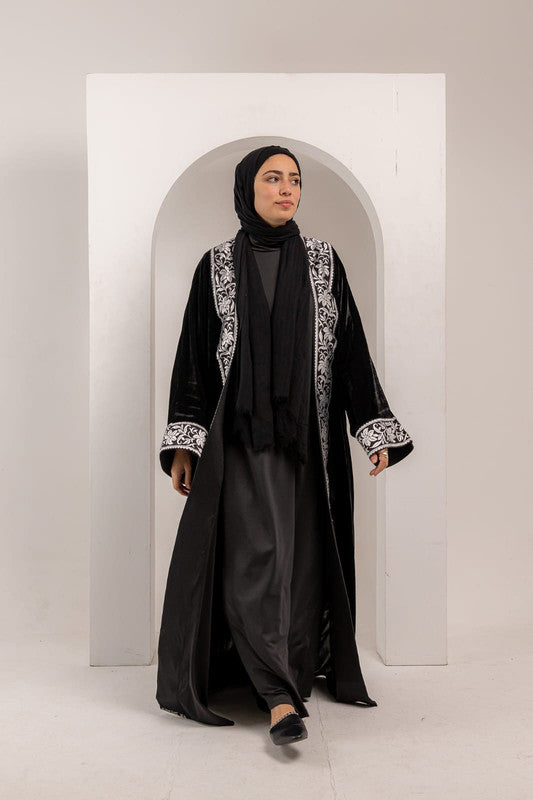 Velvet Embroidered Open Caftan – Black