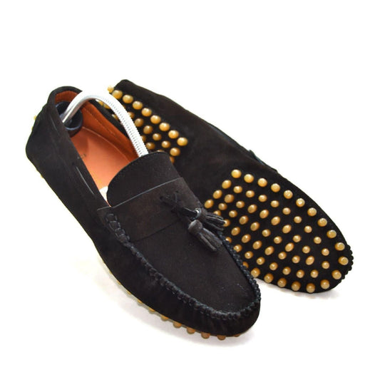 Suede Driver Loafers with Tassel - Black