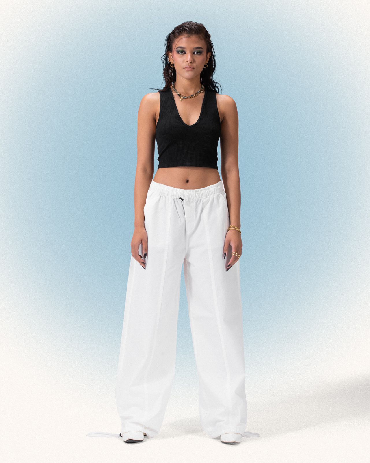Gabardine Parachute Cut Pants - White