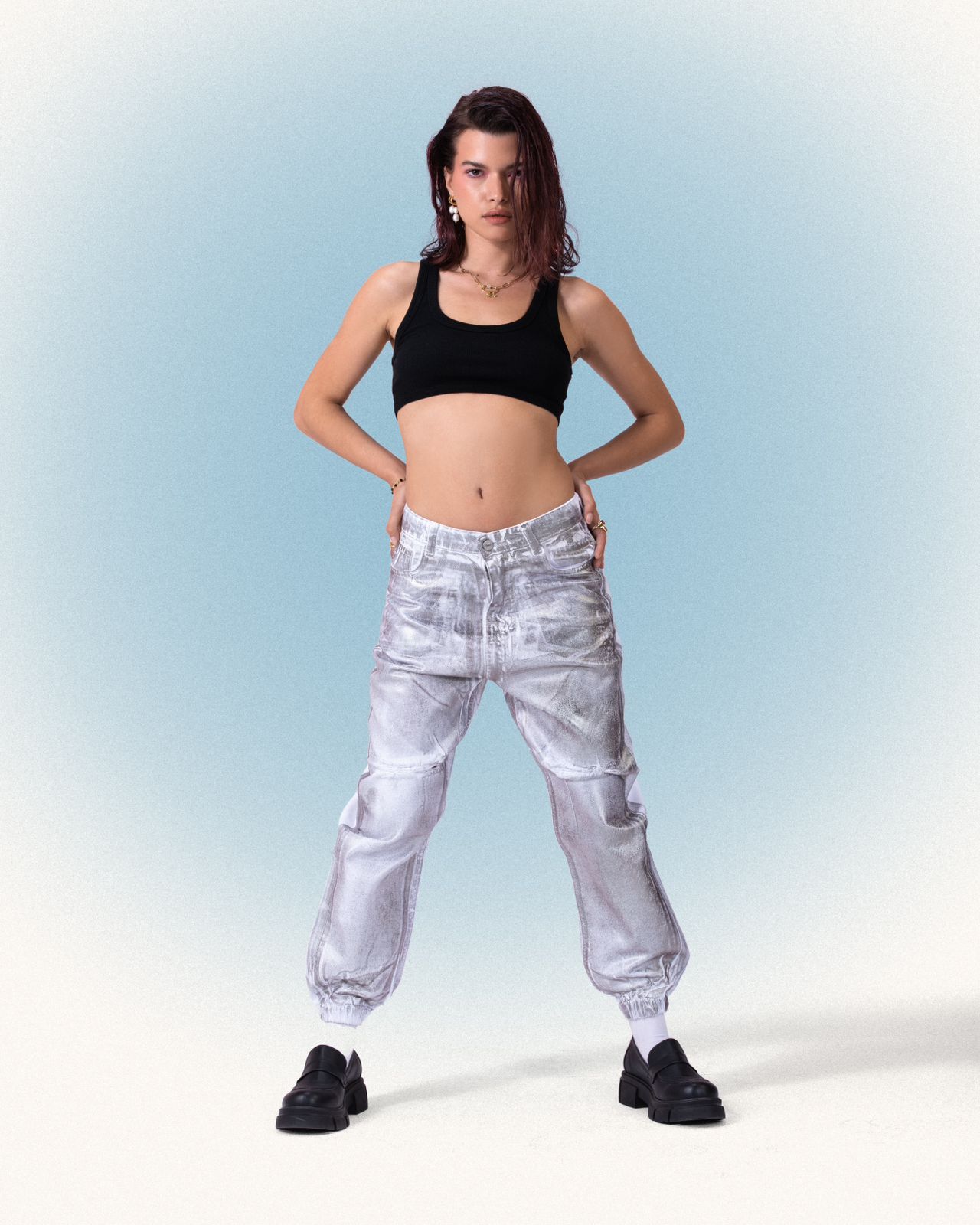 Denim Metallic Sweatpants Cut Jeans - Silver