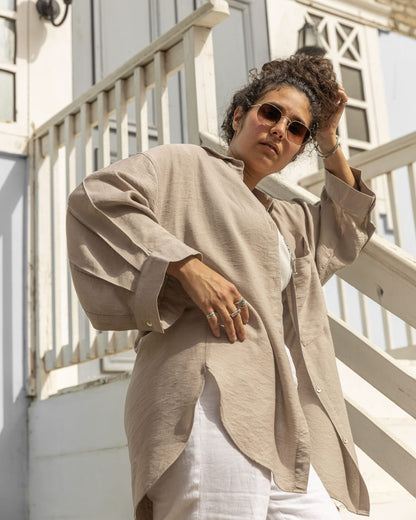 Beige Linen Oversized Puff Sleeves Shirt