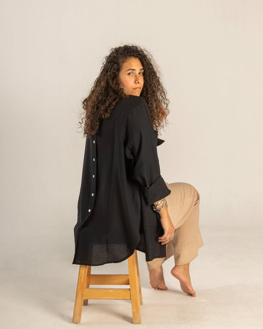 Black Linen Oversized Shirt with Back Buttons