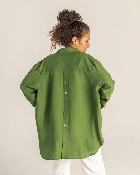 Green Linen Oversized Shirt with Back Buttons