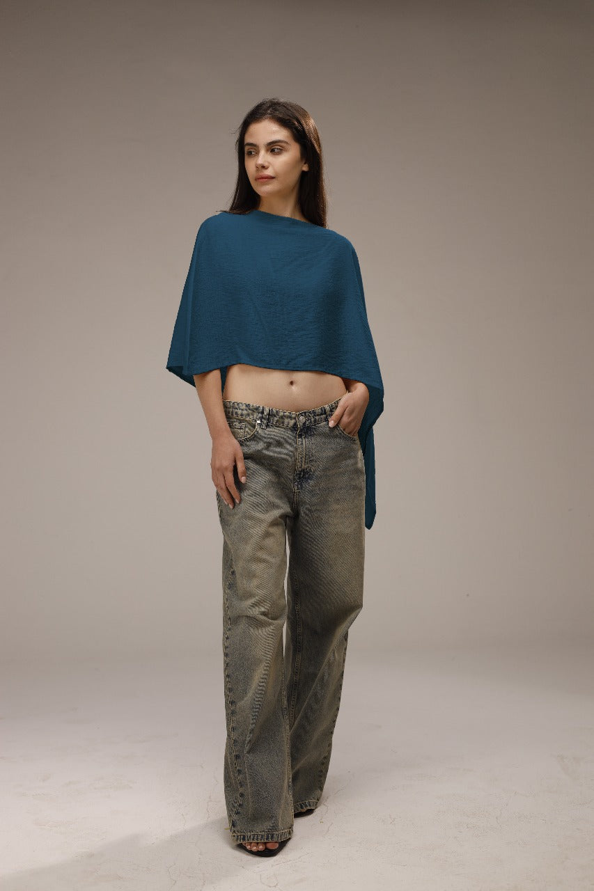 Linen Asymmetric Cropped Poncho - French Blue