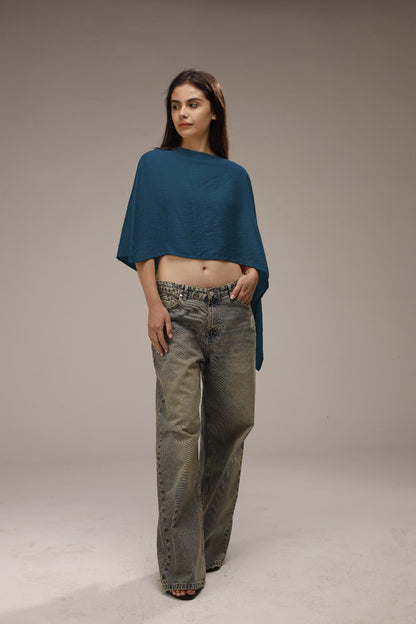 Linen Asymmetric Cropped Poncho - French Blue