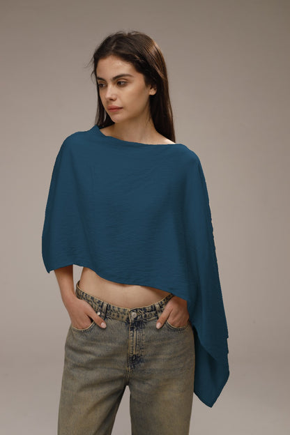 Linen Asymmetric Cropped Poncho - French Blue