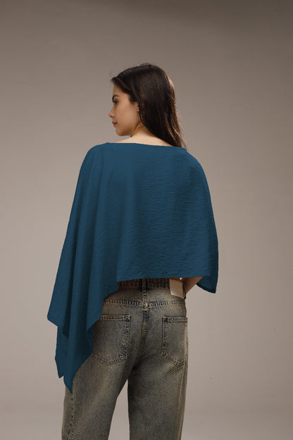 Linen Asymmetric Cropped Poncho - French Blue