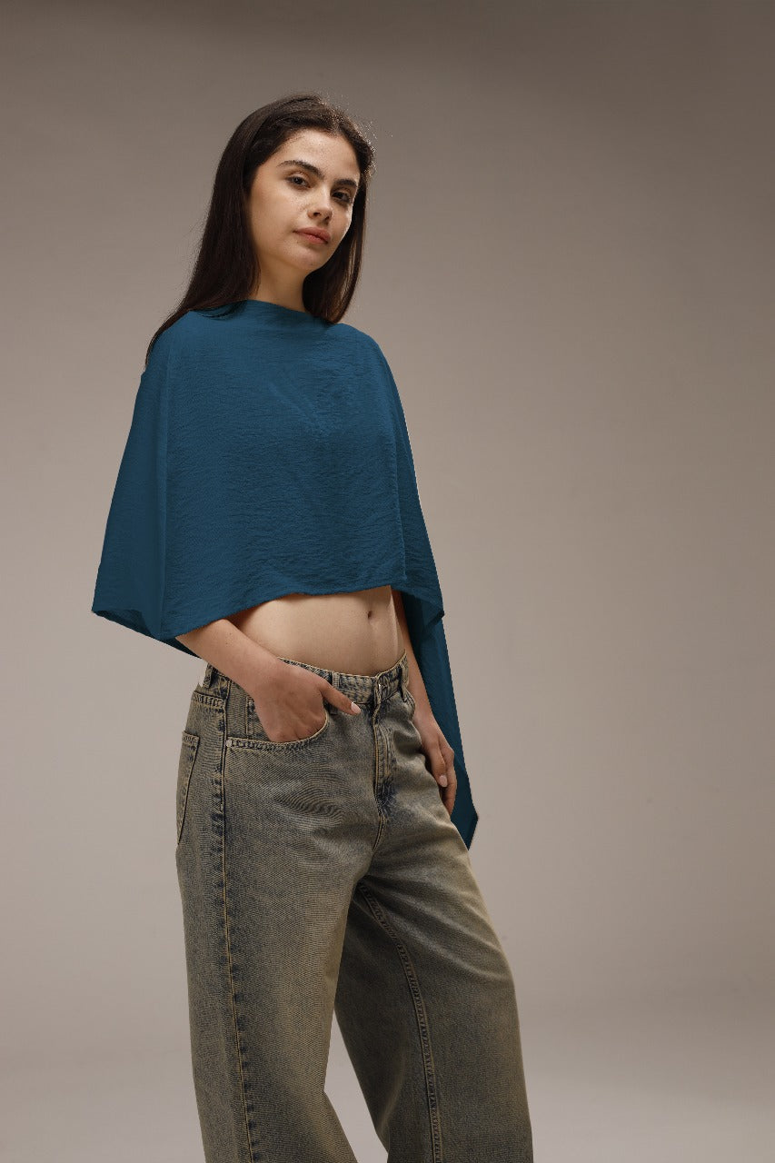 Linen Asymmetric Cropped Poncho - French Blue