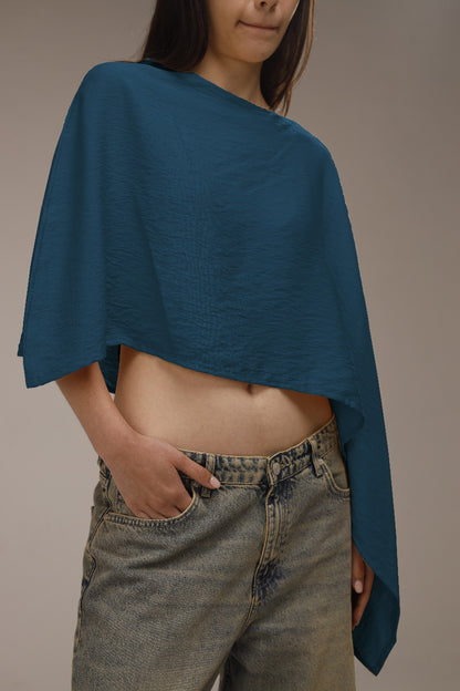 Linen Asymmetric Cropped Poncho - French Blue