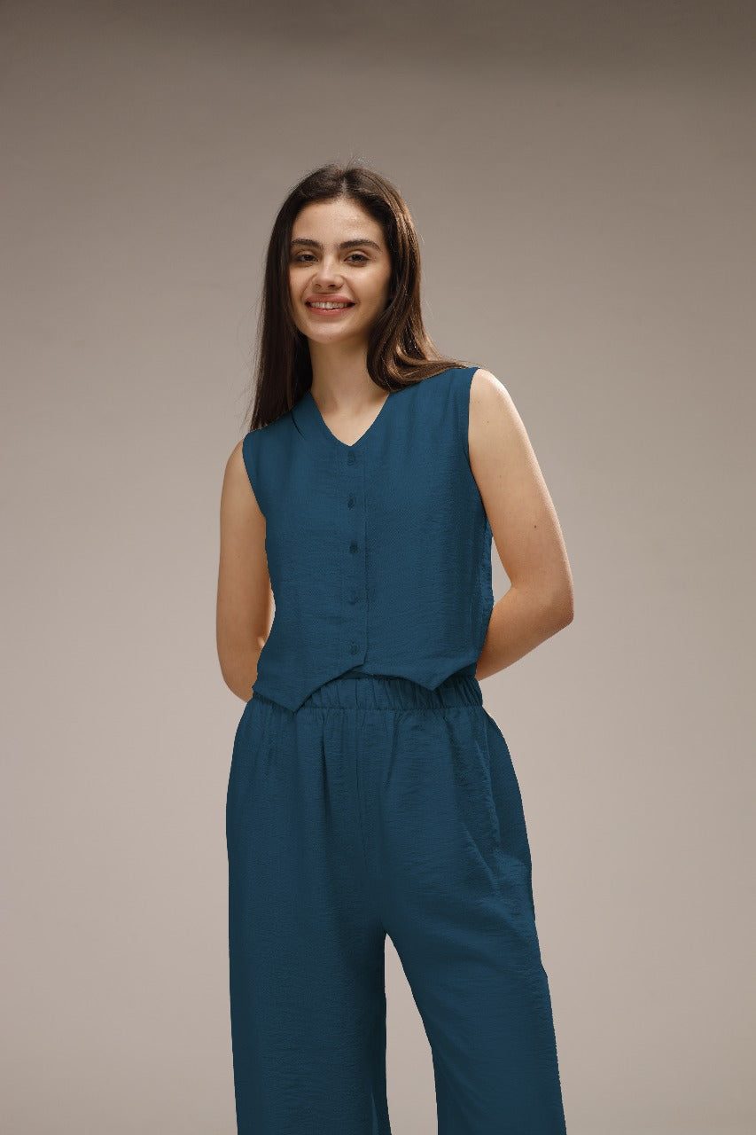 Linen Button-Front Vest & Wide-Leg Pants Set - French Blue