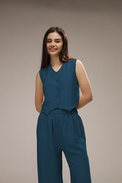 Linen Button-Front Vest & Wide-Leg Pants Set - French Blue