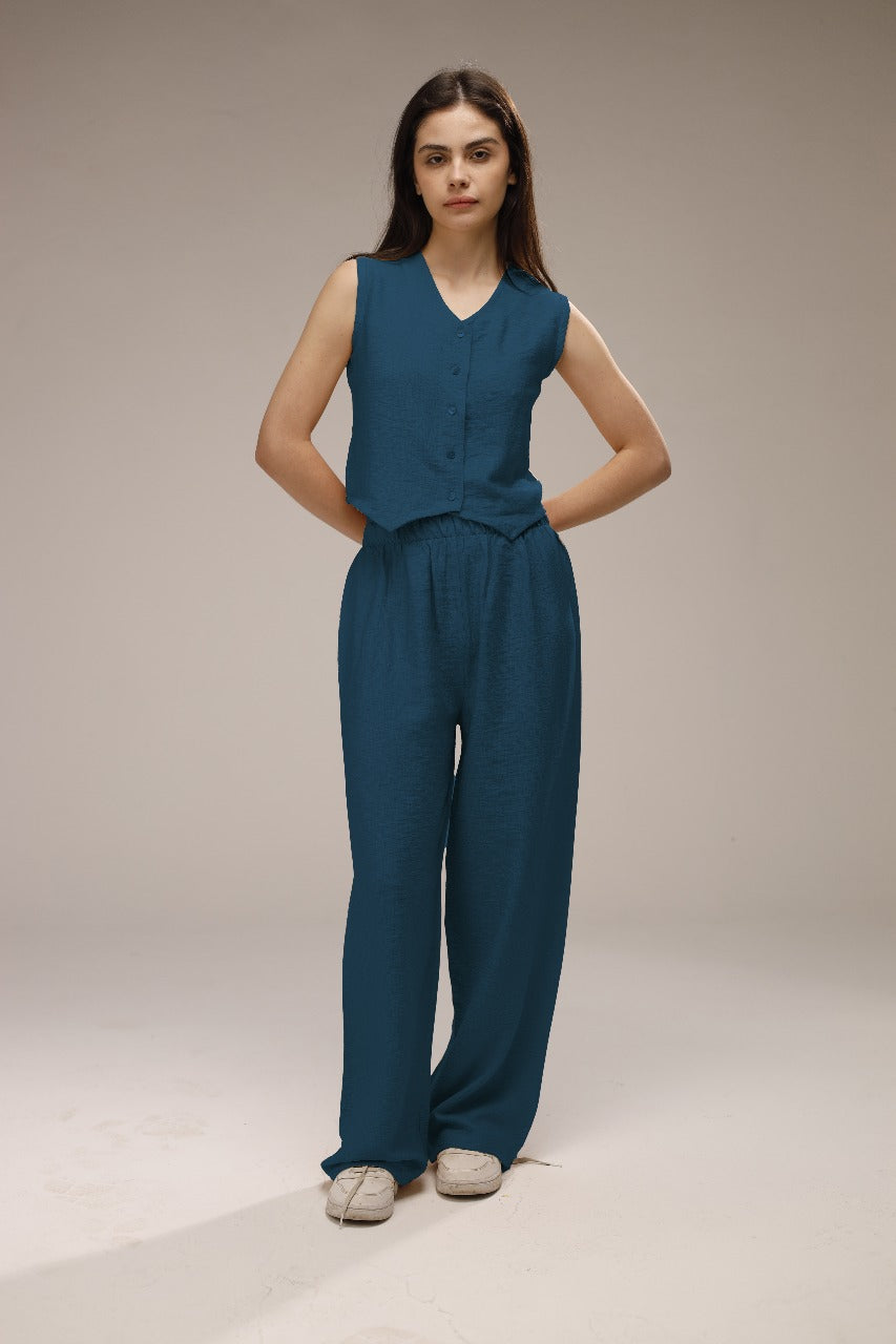 Linen Button-Front Vest & Wide-Leg Pants Set - French Blue