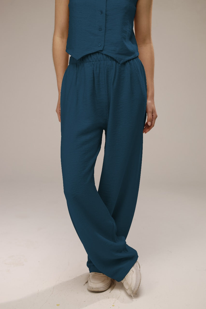 Linen Button-Front Vest & Wide-Leg Pants Set - French Blue
