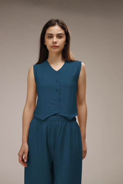 Linen Button-Front Vest & Wide-Leg Pants Set - French Blue