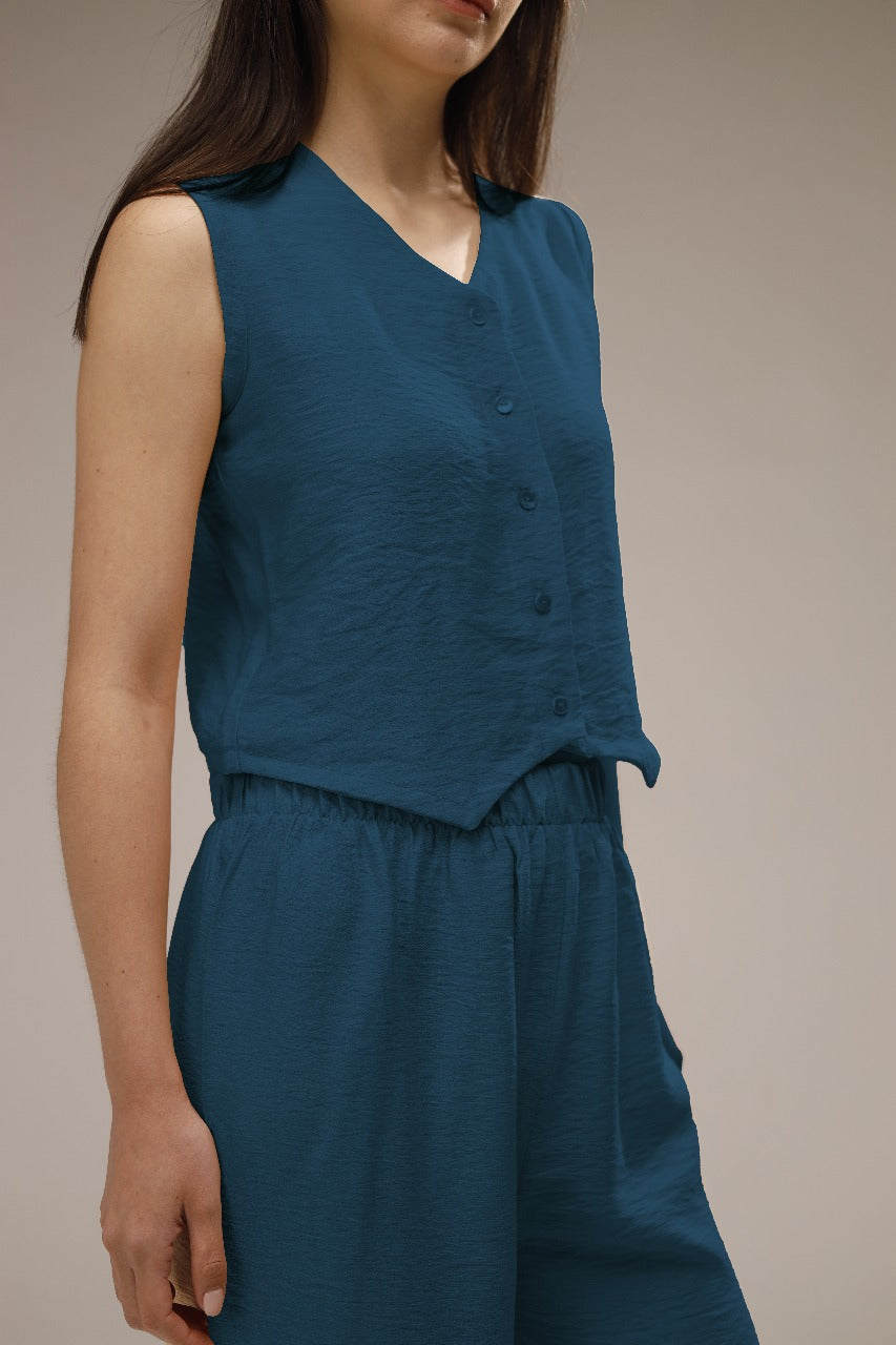 Linen Button-Front Vest & Wide-Leg Pants Set - French Blue