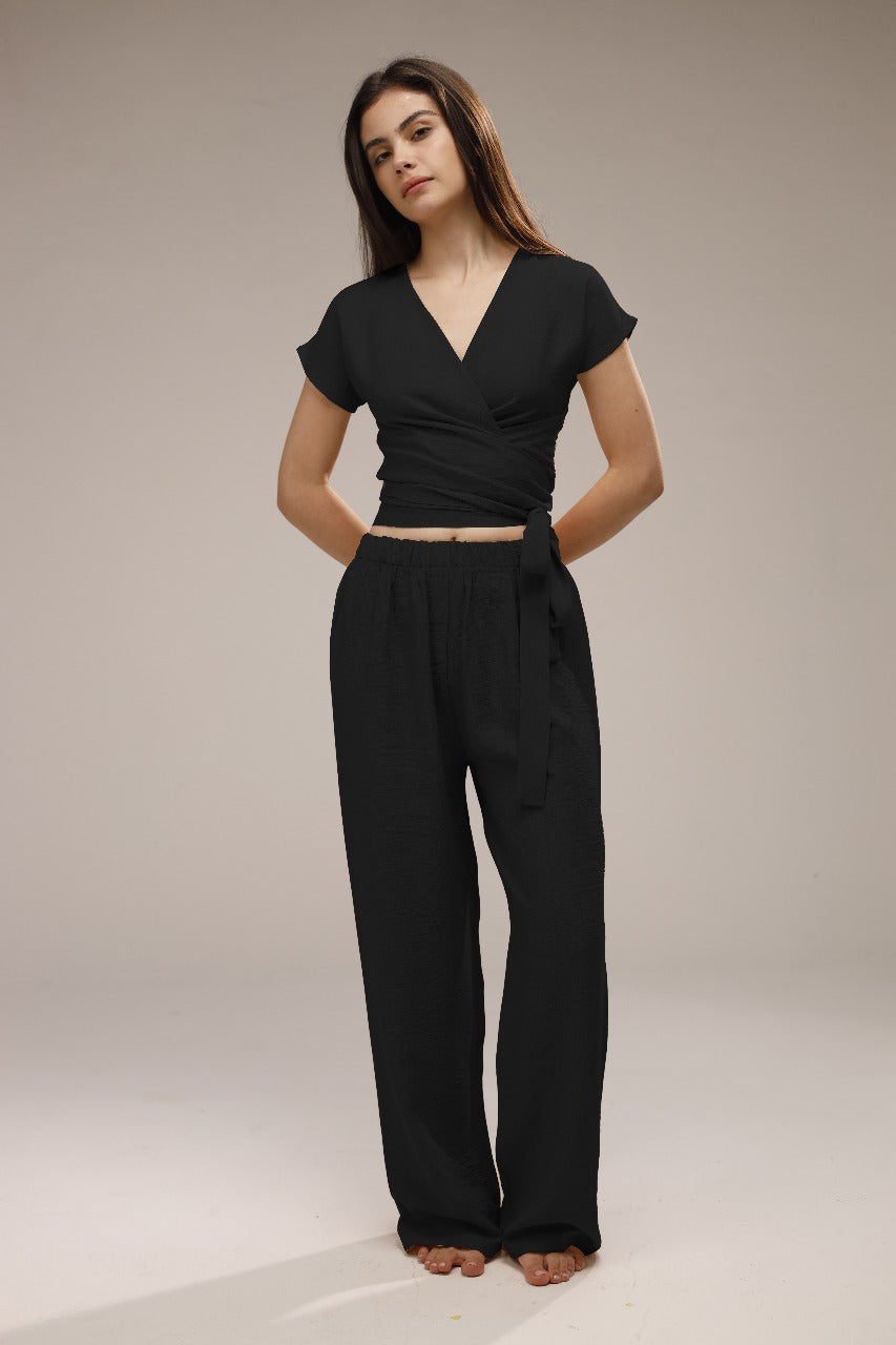 Linen Wrap Front Top & Wide Leg Pants - Black