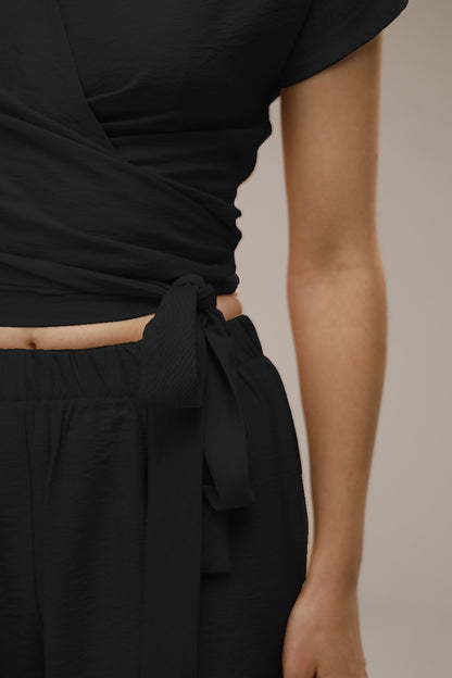 Linen Wrap Front Top & Wide Leg Pants - Black