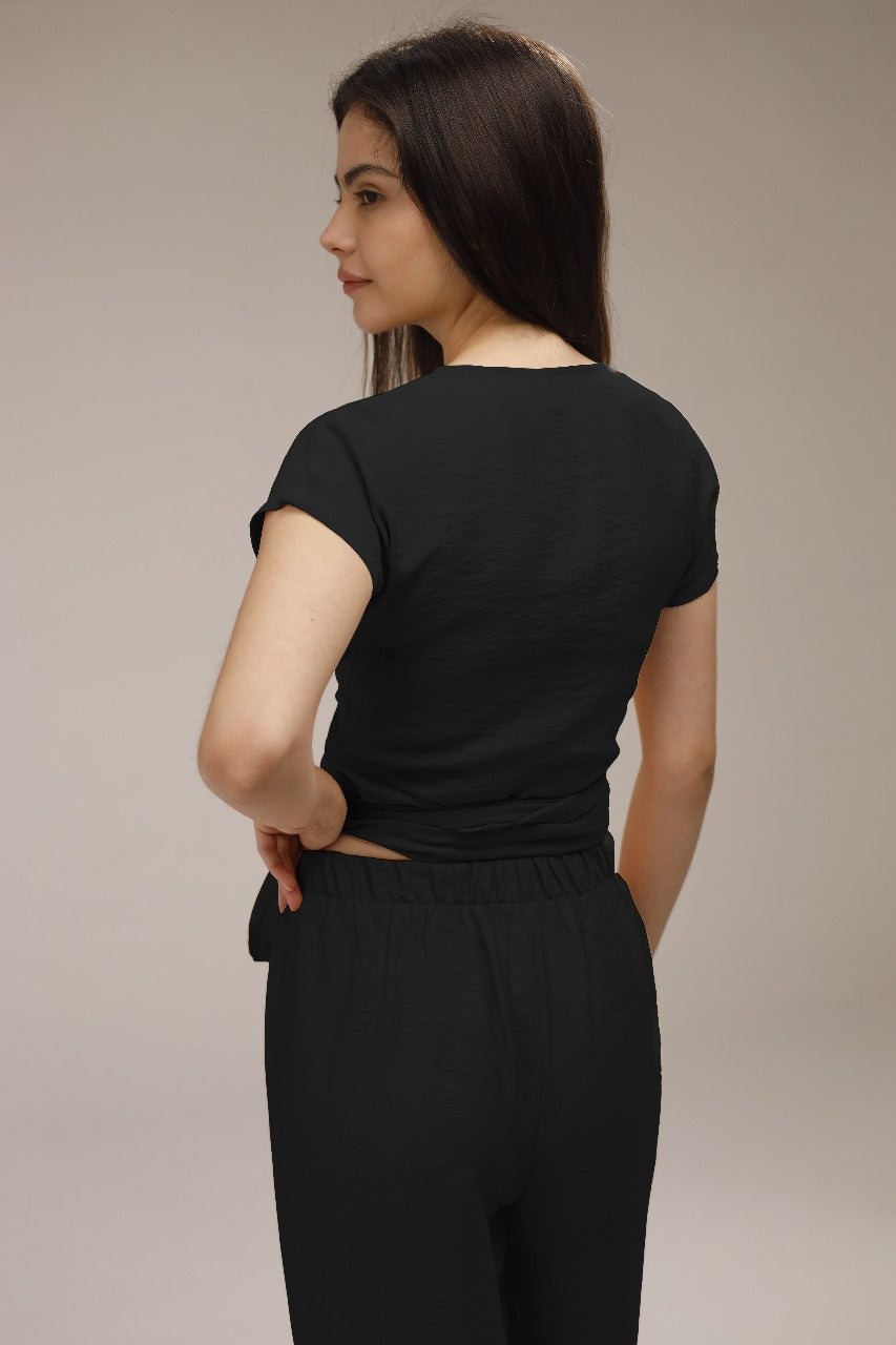 Linen Wrap Front Top & Wide Leg Pants - Black