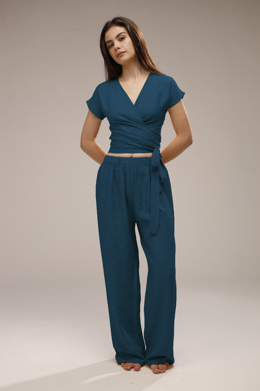 Linen Wrap Top & Wide-Leg Pants Set - French Blue