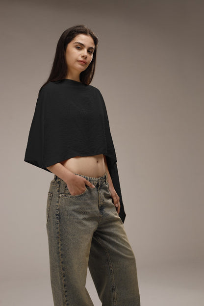 Linen Asymmetric Cropped Poncho - Black