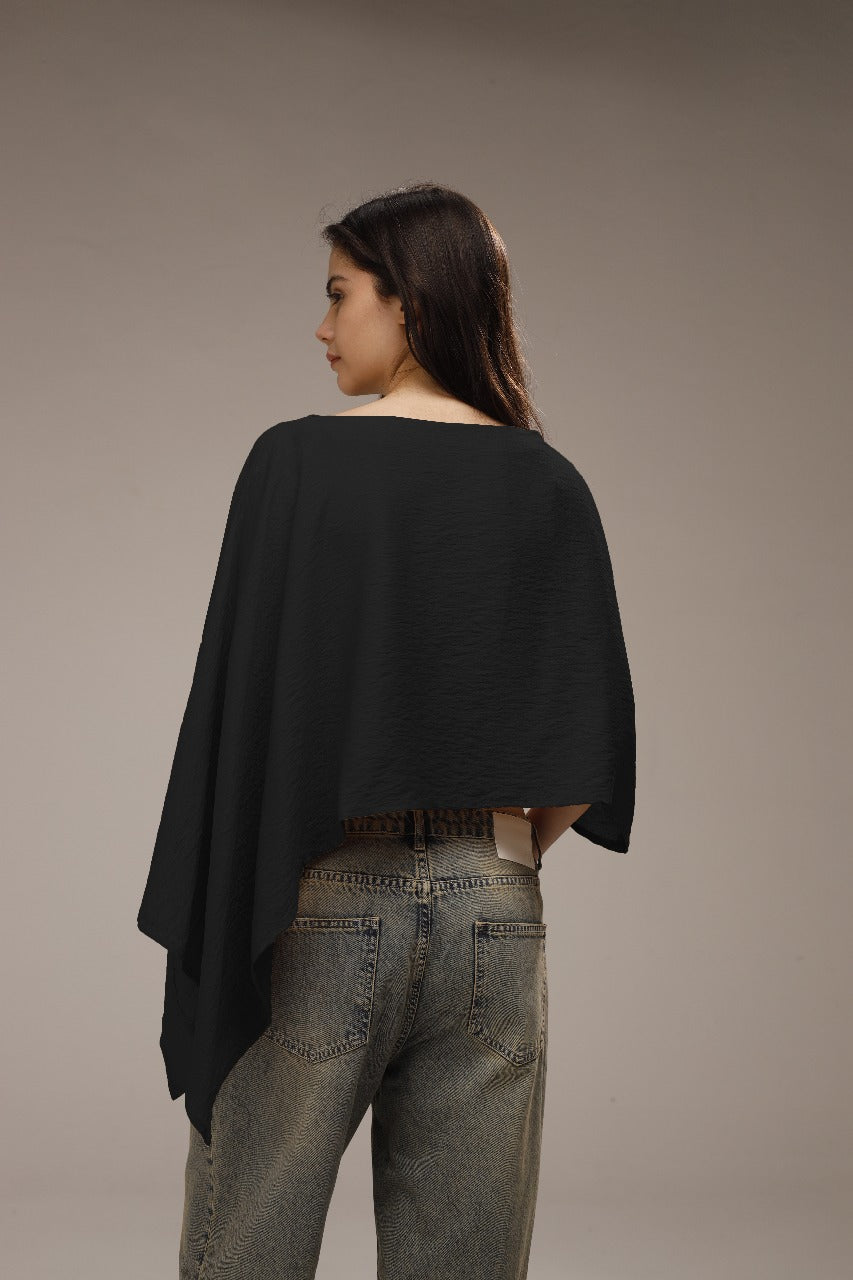 Linen Asymmetric Cropped Poncho - Black