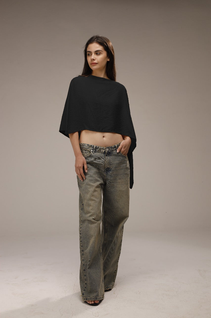 Linen Asymmetric Cropped Poncho - Black