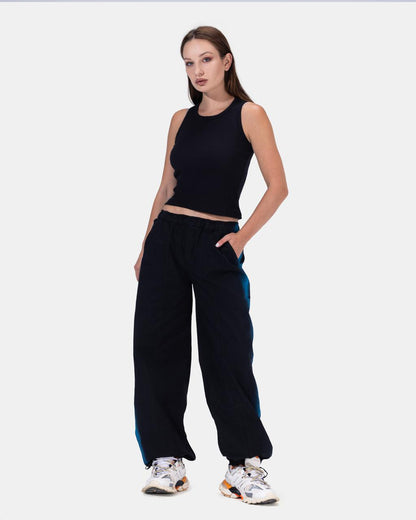 Parachute Pants In Black "With Blue Lines"