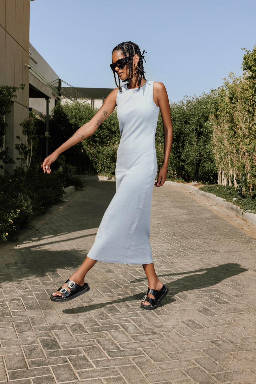 Cotton Basic White Dress - Baby Blue