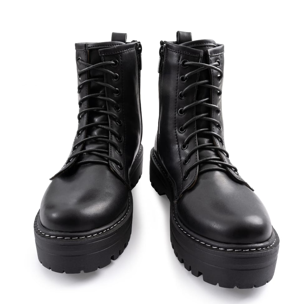 Faux Leather Combat Boots – Black