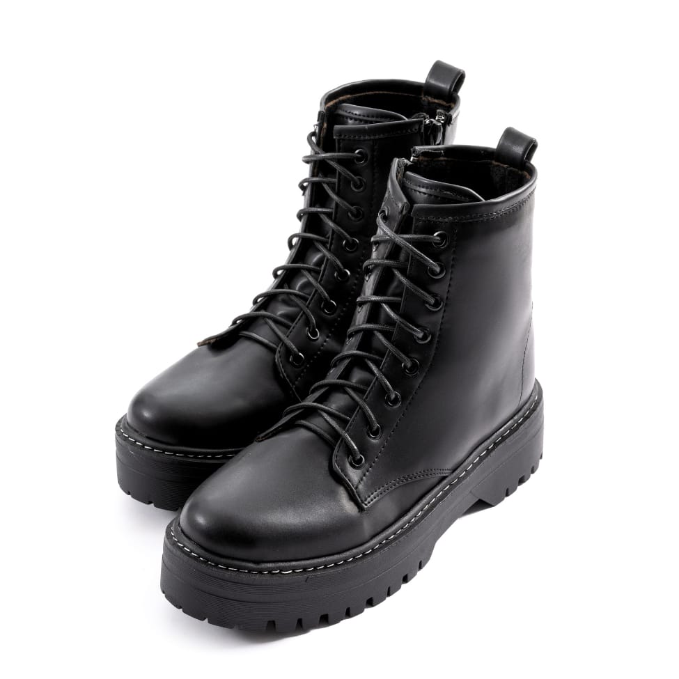 Faux Leather Combat Boots – Black