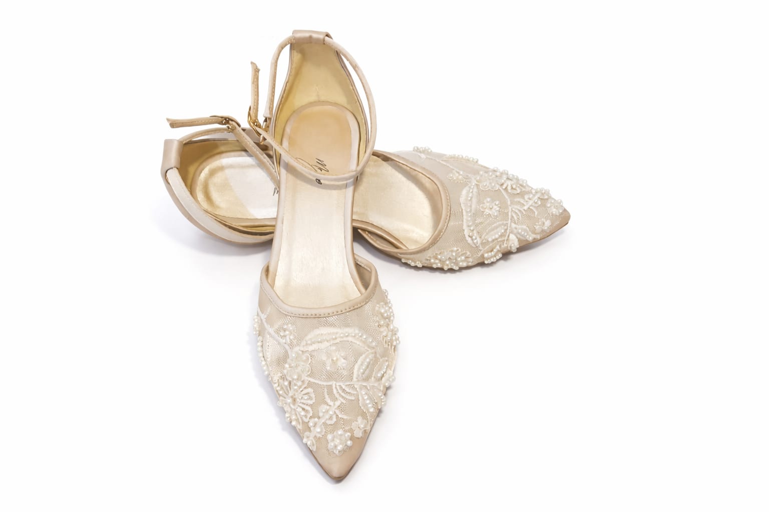 Pearl Embroidered Kitten Heels - Champagne