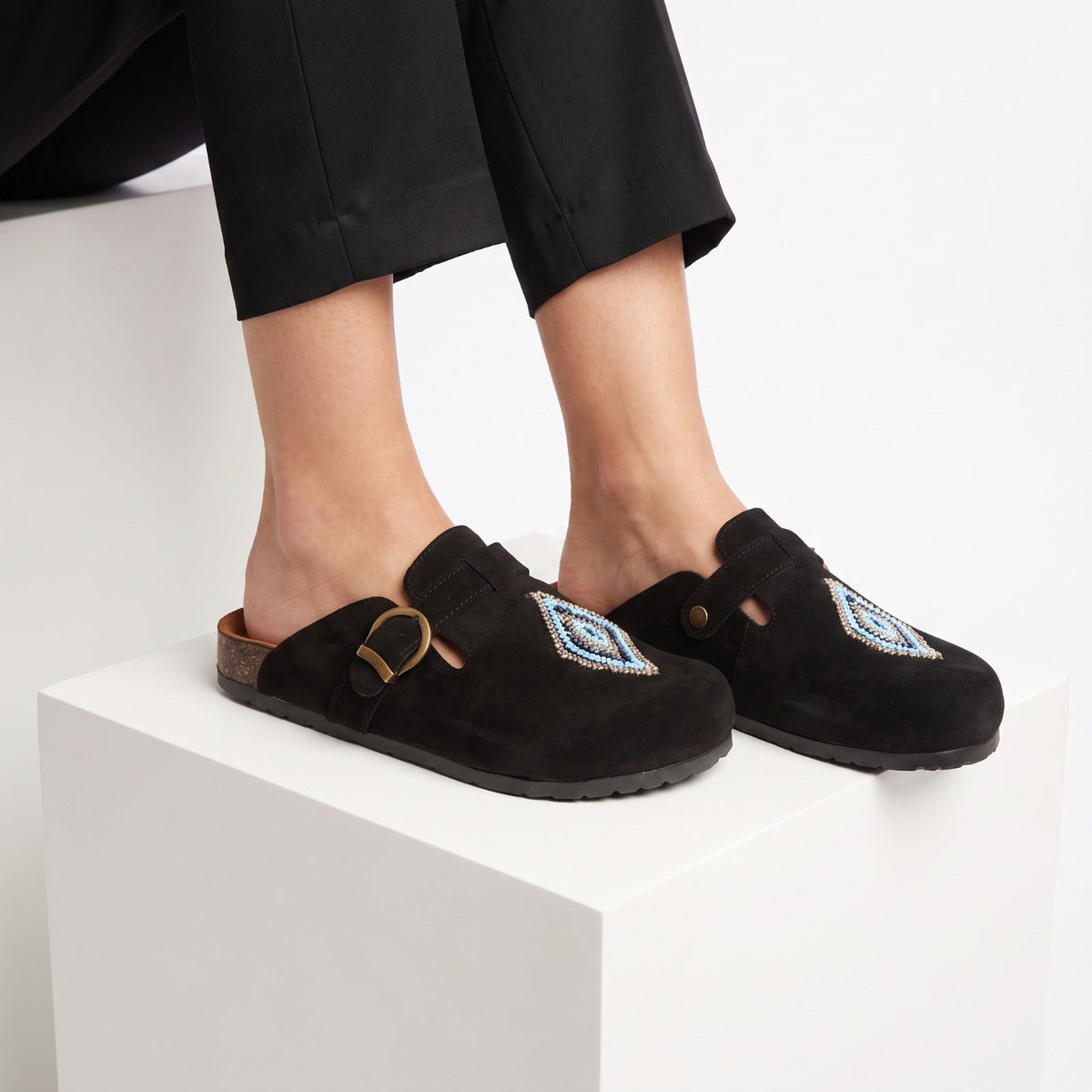 Evil Eye Beaded Slip-On Mules – Black