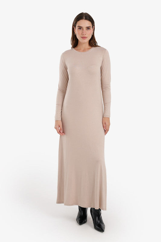 Plain Flowy Hem Long Sleeve Dress – Beige