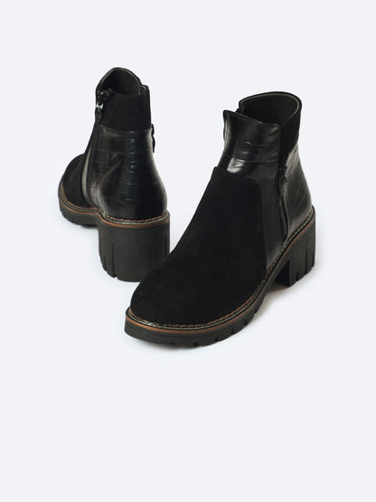 Suede Half Boot With Crocodile Leather And Double Zipper