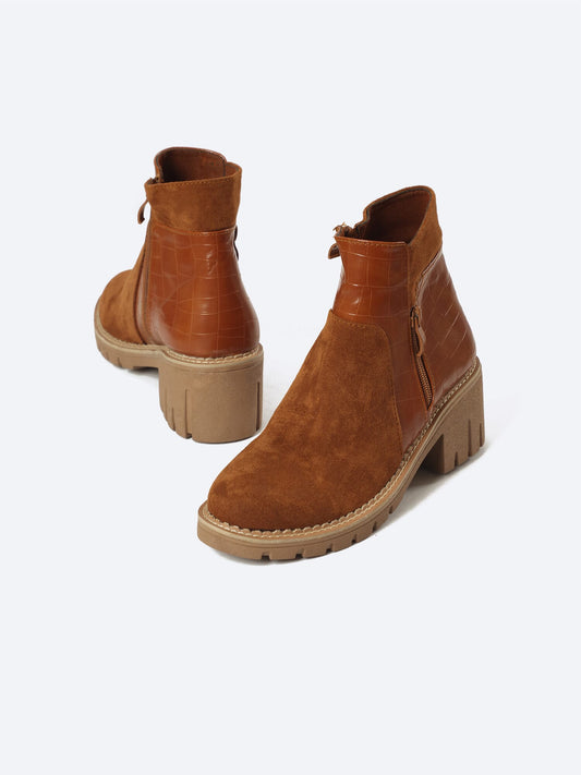 Suede Half Boot With Crocodile Leather And Double Zipper