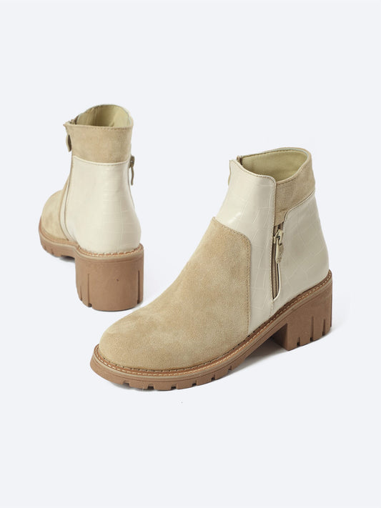 Suede Half Boot With Crocodile Leather And Double Zipper