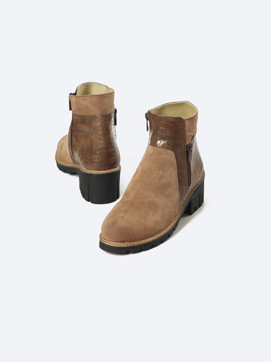 Suede Half Boot With Crocodile Leather And Double Zipper