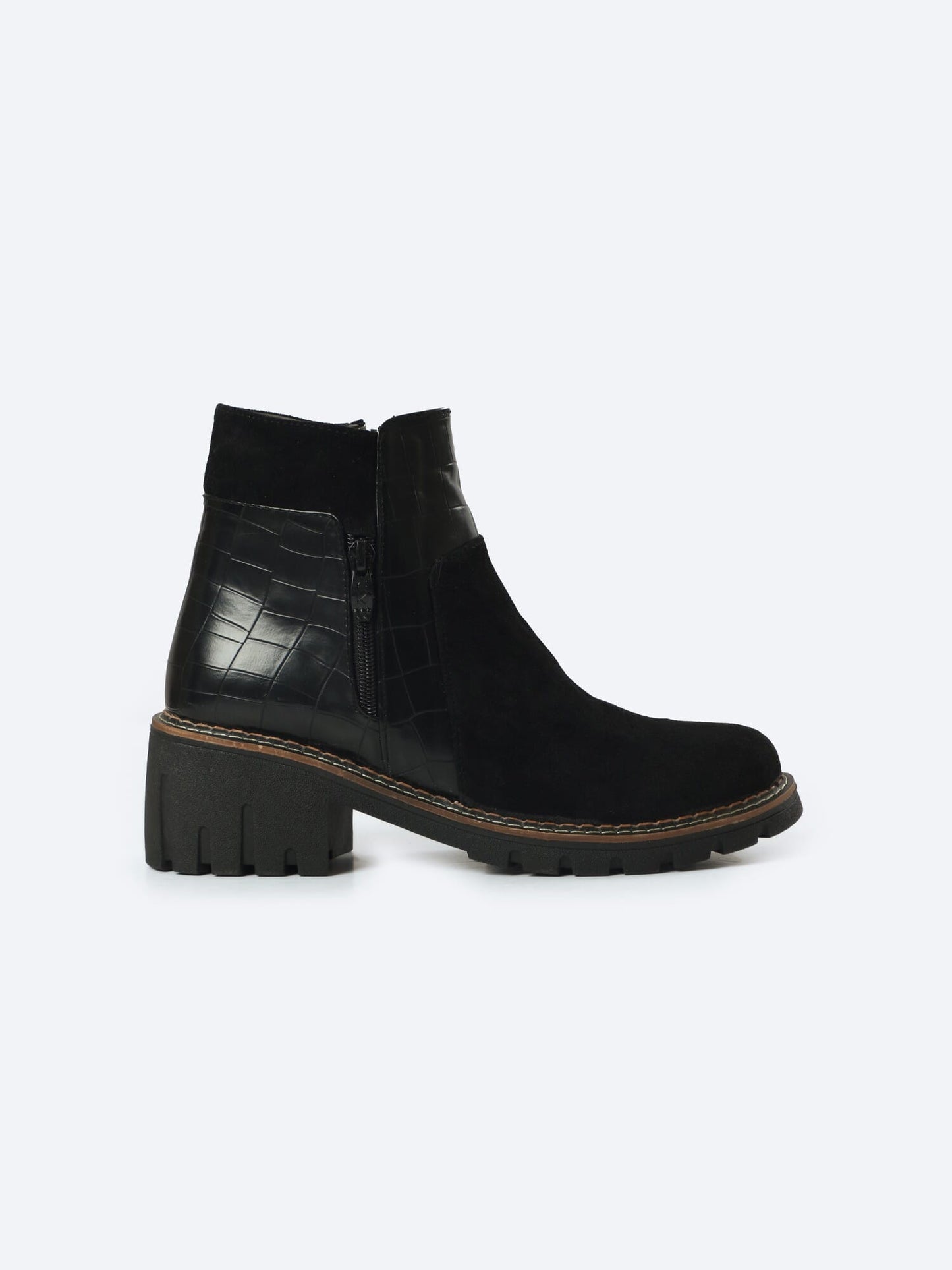 Suede Half Boot With Crocodile Leather And Double Zipper