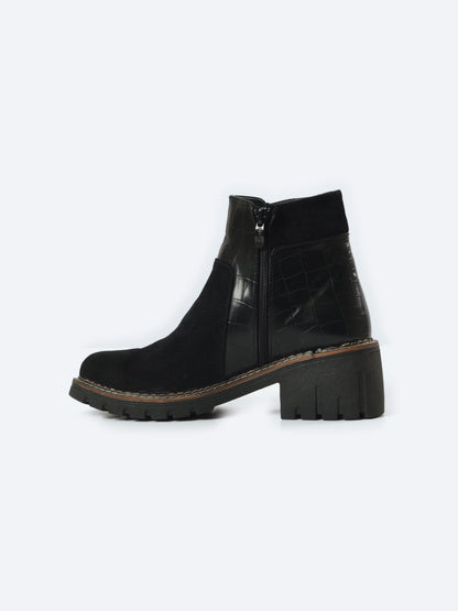 Suede Half Boot With Crocodile Leather And Double Zipper