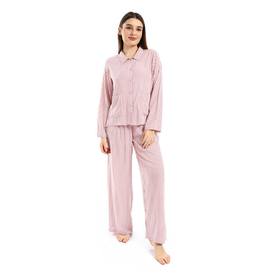 Long-Sleeved Striped Pyjama Set - Pink & White