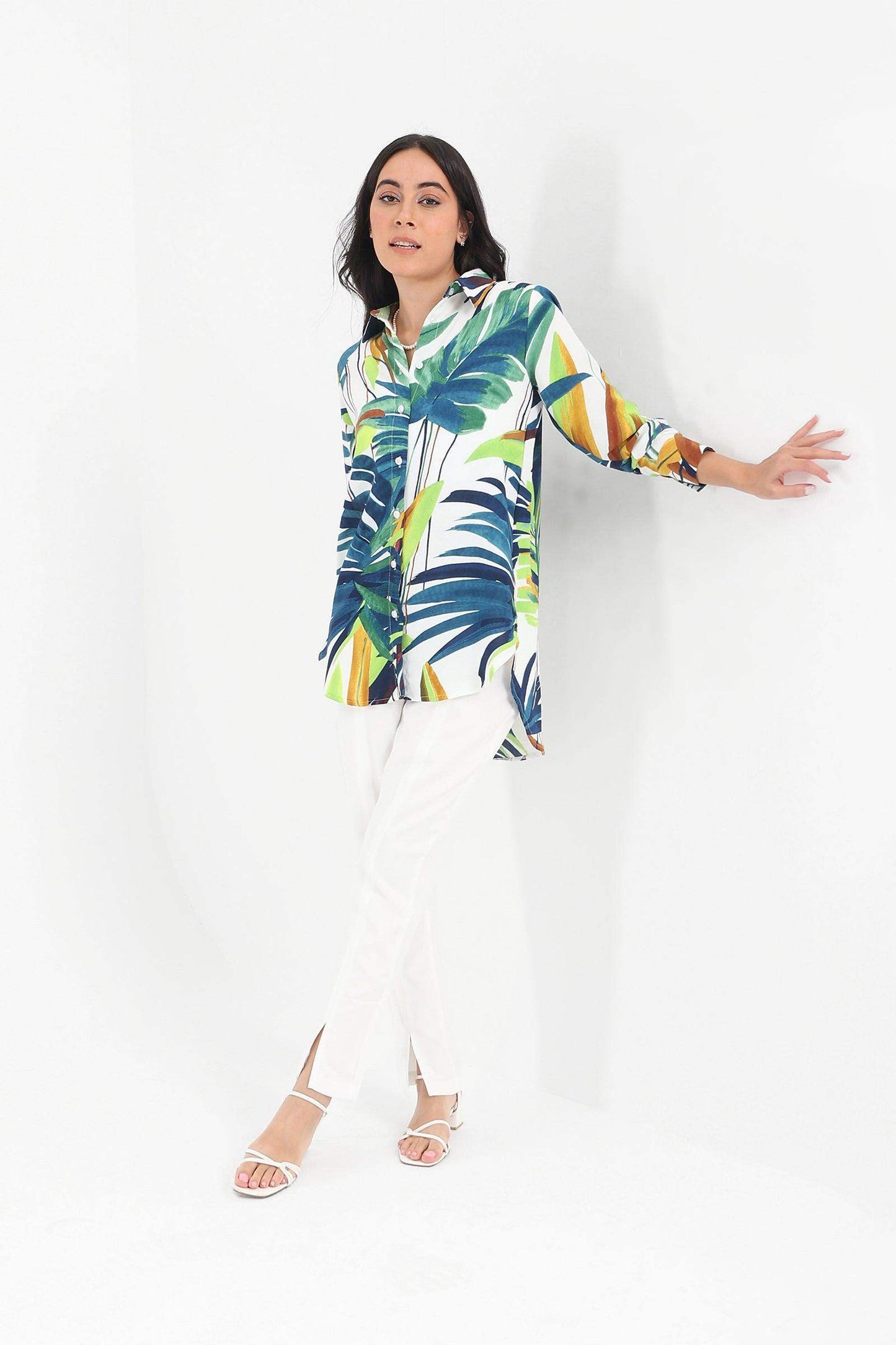 Asymmetrical Leafy Printed Shirt - Carina - ÙƒØ§Ø±ÙŠÙ†Ø§