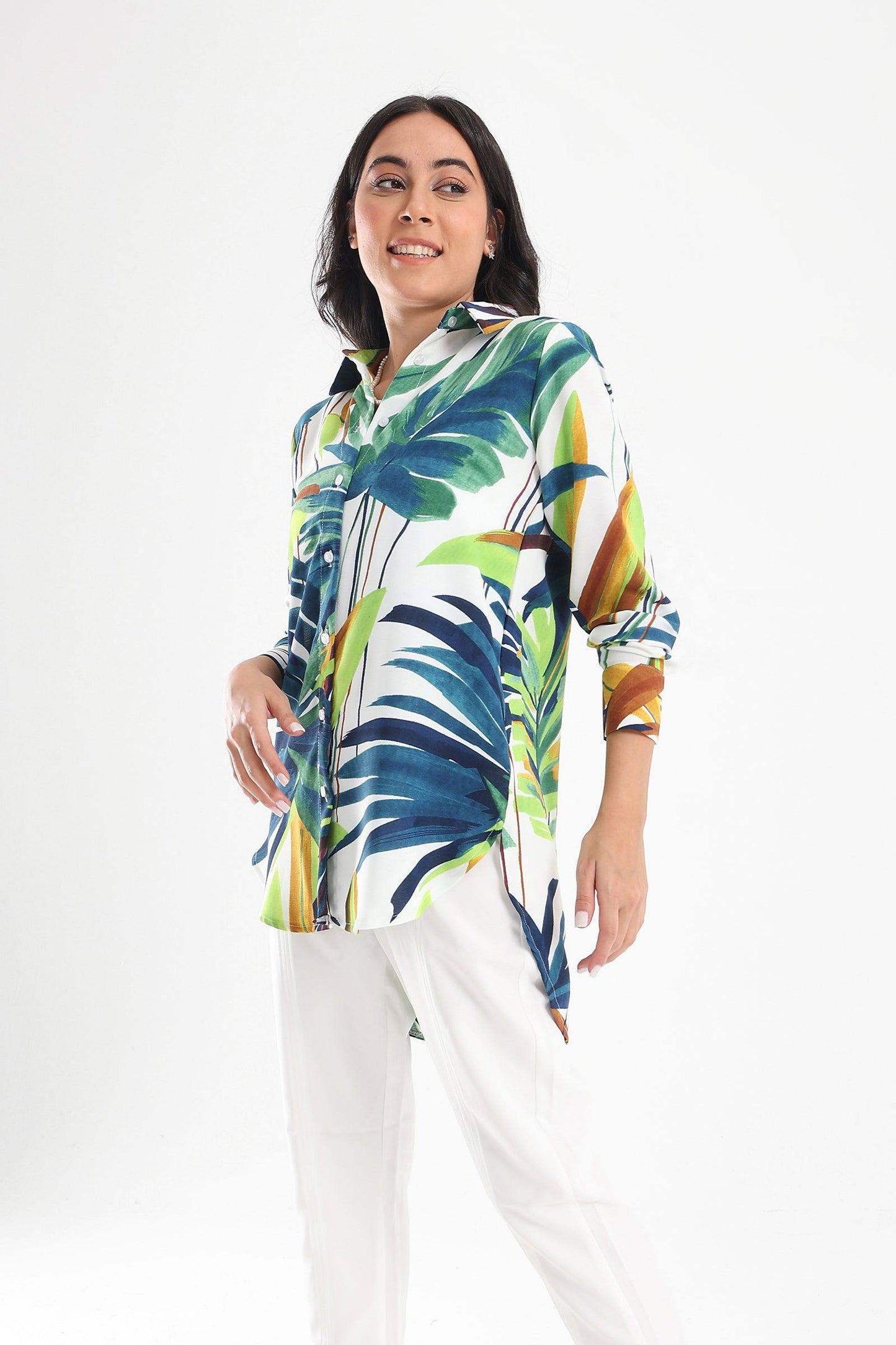 Asymmetrical Leafy Printed Shirt - Carina - ÙƒØ§Ø±ÙŠÙ†Ø§