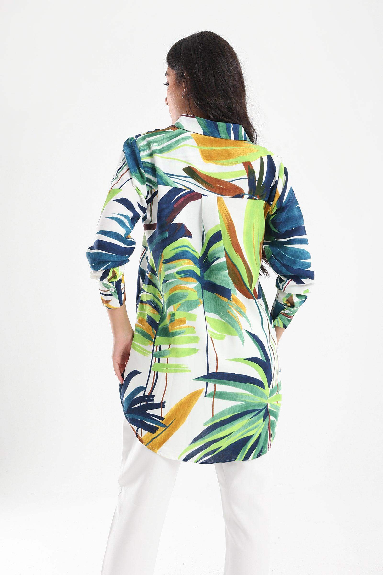 Asymmetrical Leafy Printed Shirt - Carina - ÙƒØ§Ø±ÙŠÙ†Ø§