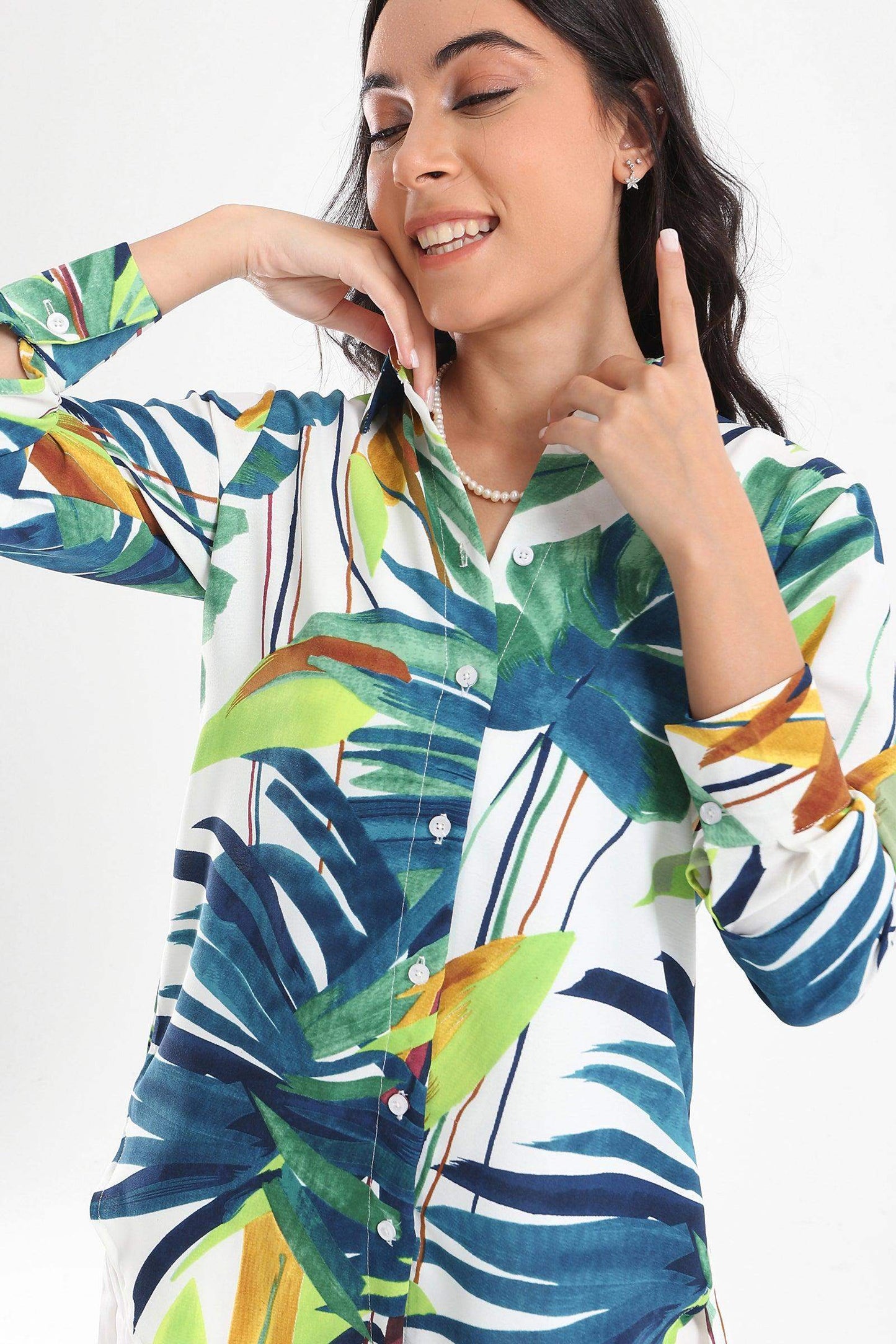 Asymmetrical Leafy Printed Shirt - Carina - ÙƒØ§Ø±ÙŠÙ†Ø§